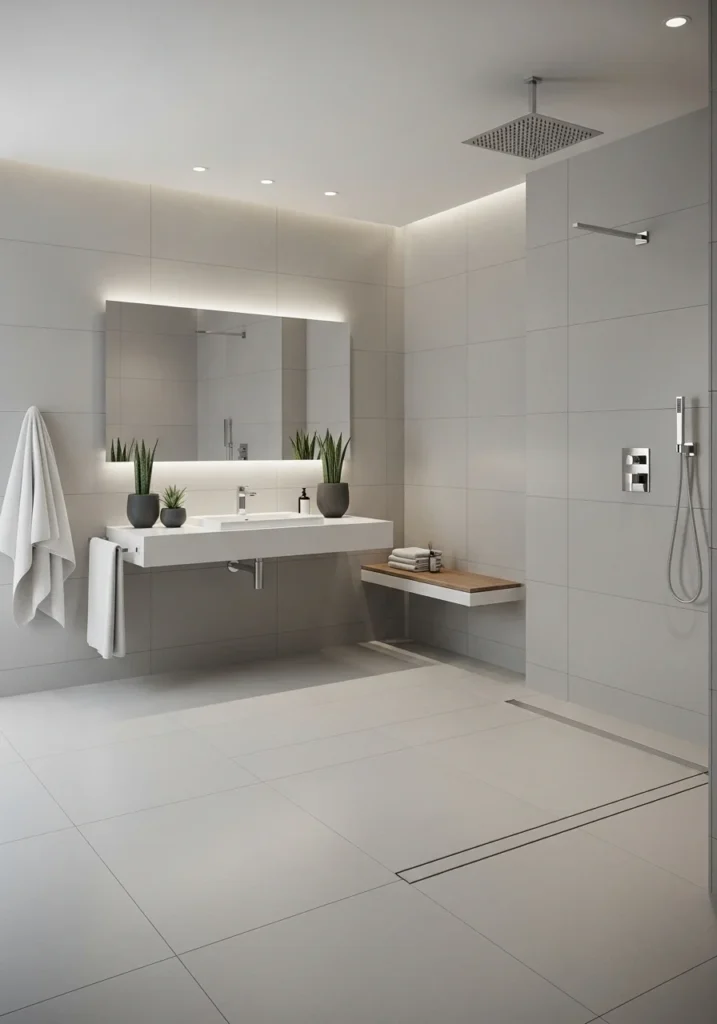 Wet room layout with open walk-in shower creating a seamless spacious bathroom