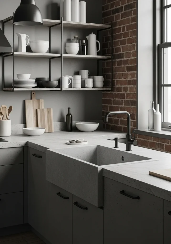 Concrete kitchen sink in industrial style kitchen with matte finishes