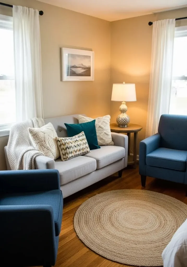 Guest room with comfortable seating for two, creating a relaxing, versatile space