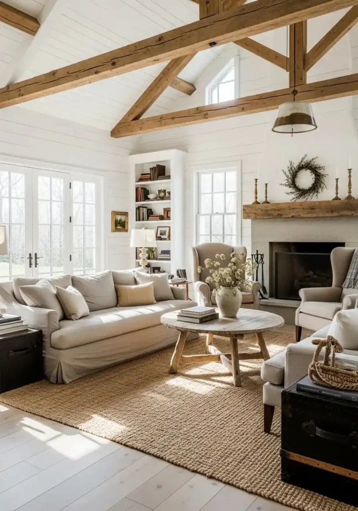 Farmhouse living room with exposed wooden ceiling beams and cozy rustic style