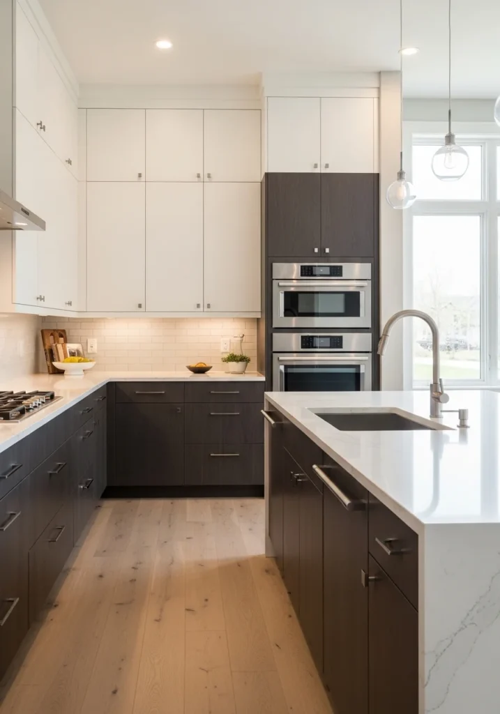 Two-tone kitchen cabinets with white and dark combination
