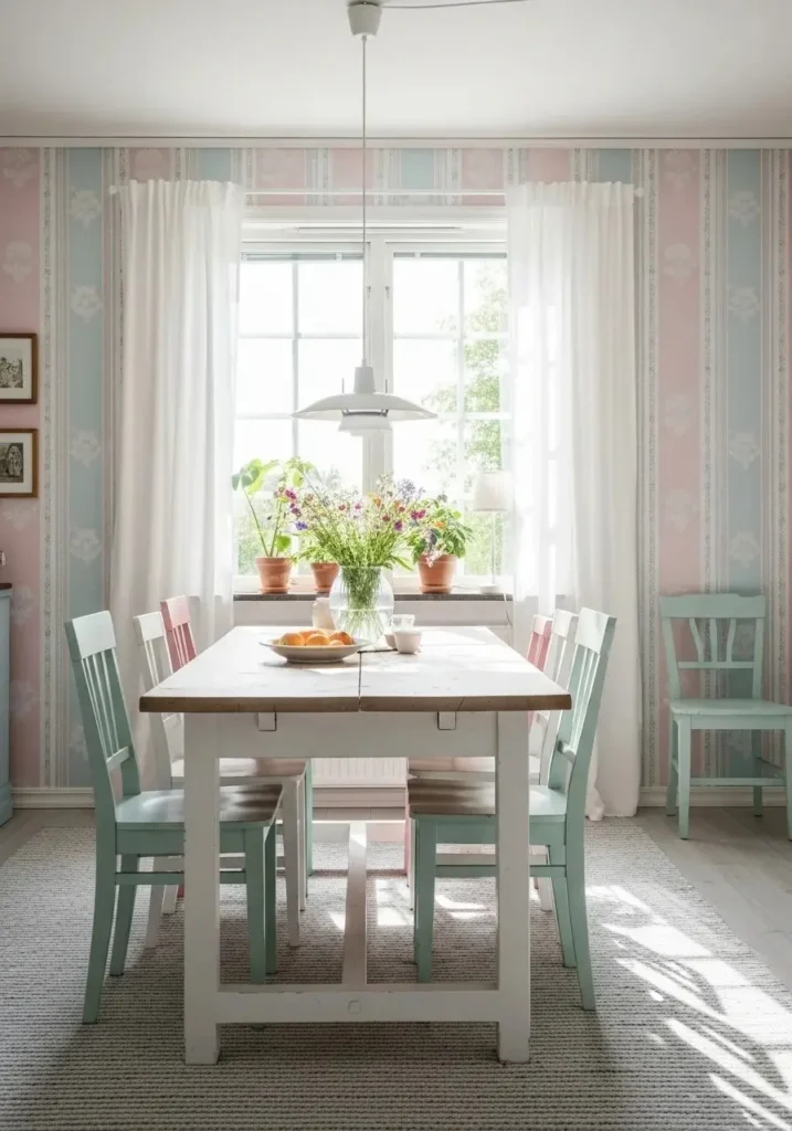 Pastel wallpaper creating light and airy dining room atmosphere
