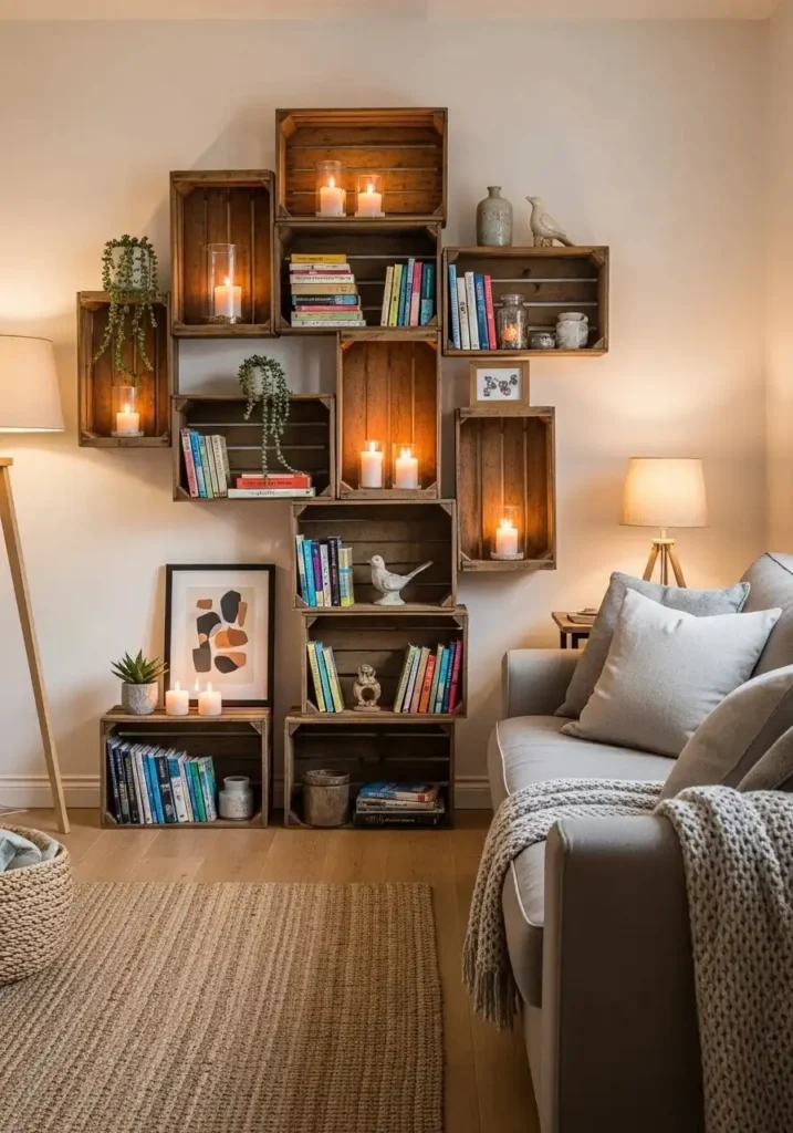 Rustic wooden crate shelves on living room wall adding cozy character and storage space.