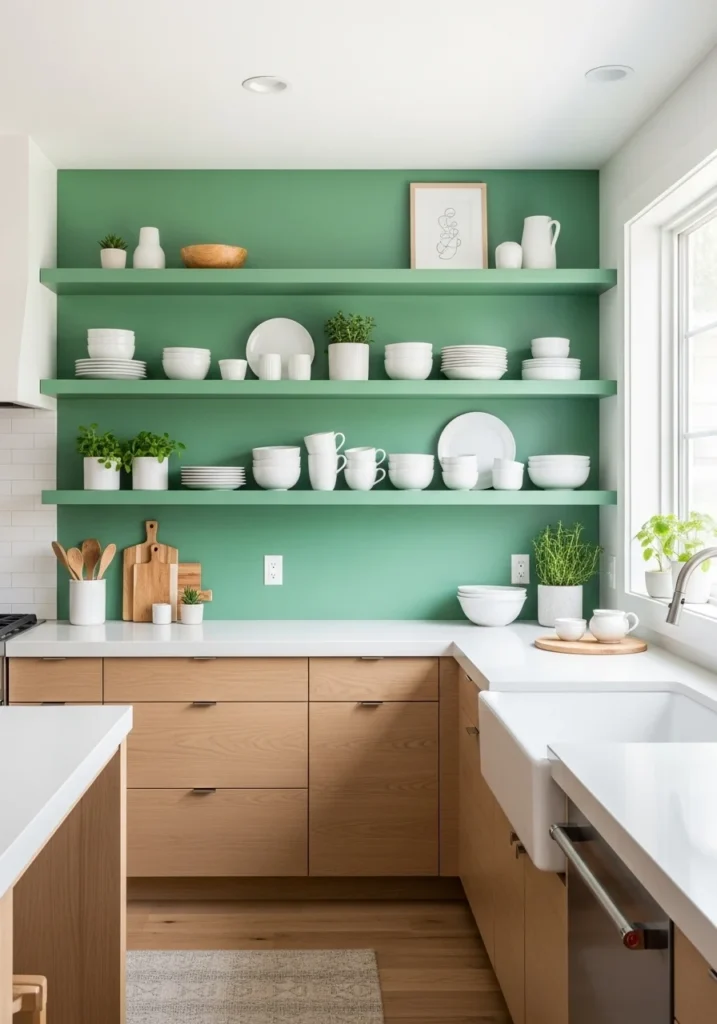 Green open shelving in kitchen with simple decor styling