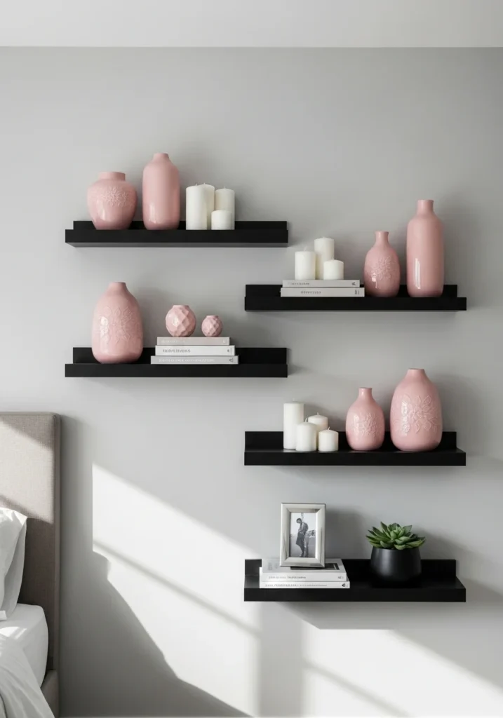 Black shelves decorated with pink accents in a stylish bedroom