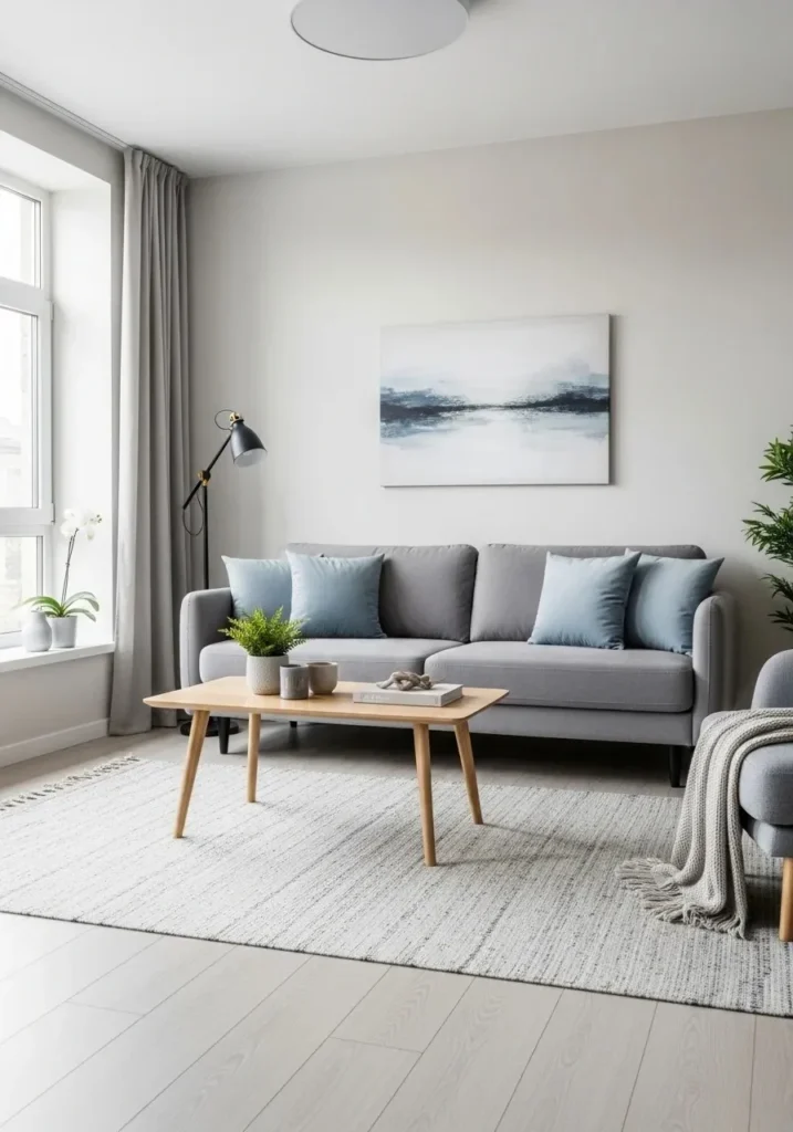 Blue and grey living room color combination for calm sophisticated style