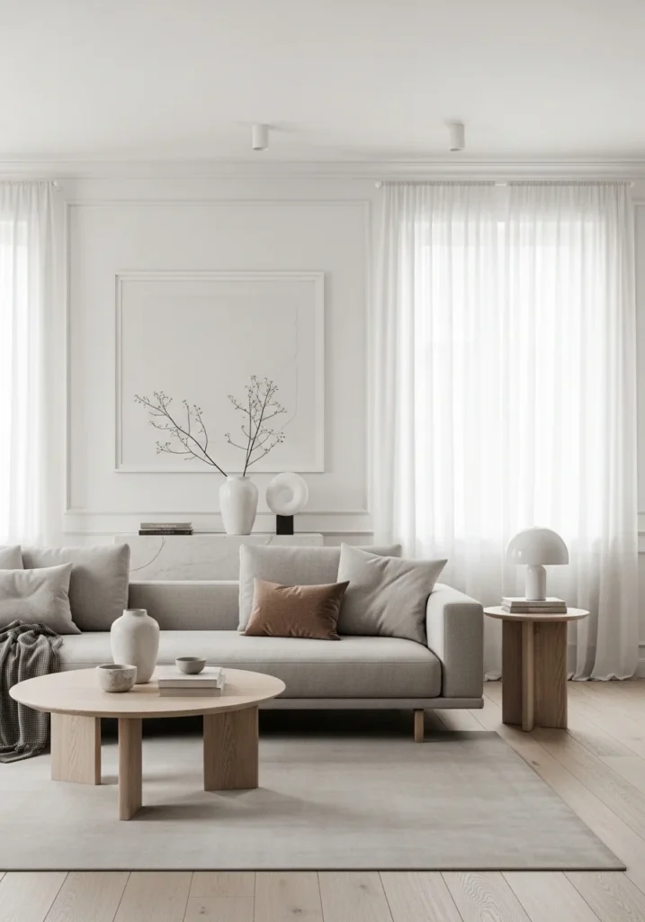 Minimal luxury living room with clean design, neutral tones, and uncluttered elegant space.