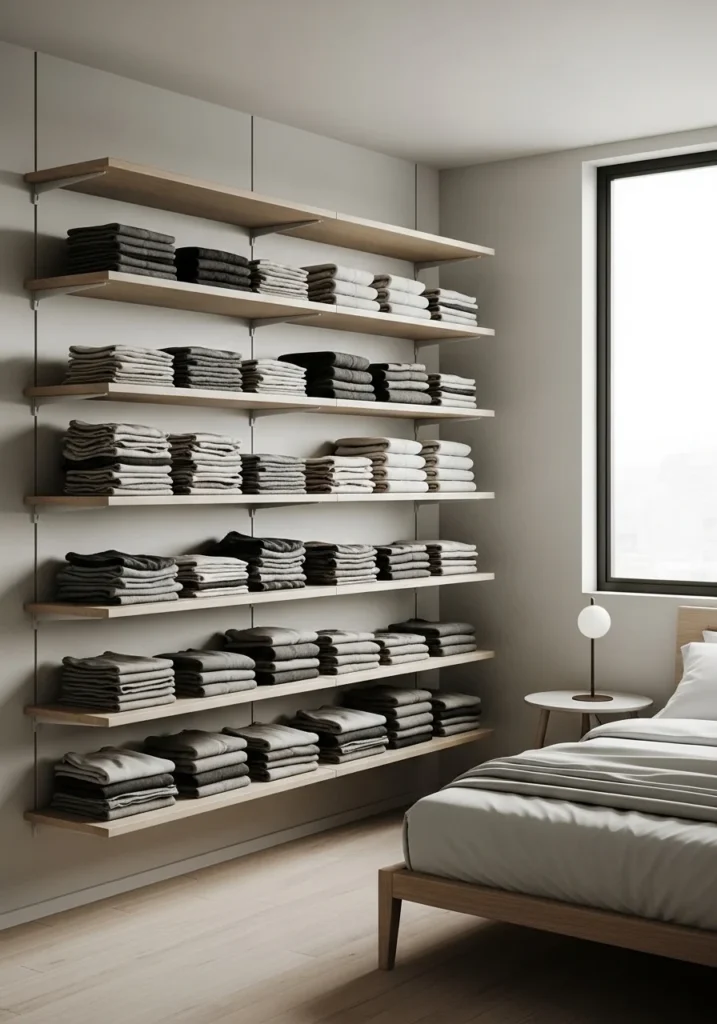 floating shelves open closet with minimal modern design