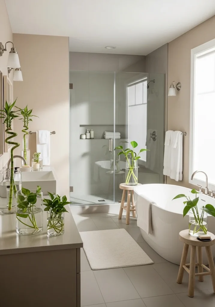 Bathroom water plants in glass containers creating spa-like decor