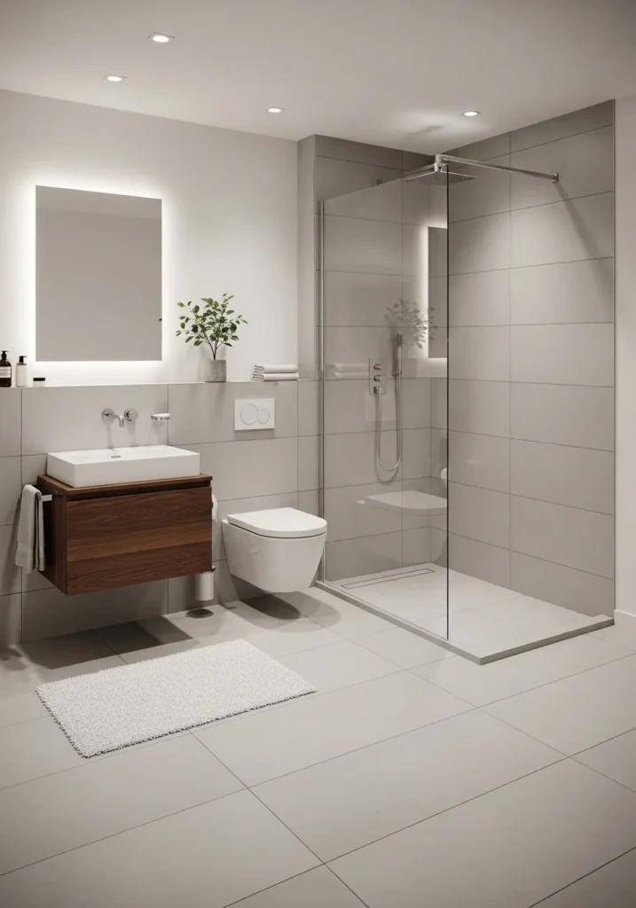 Curbless walk-in shower creating a seamless and open small bathroom space