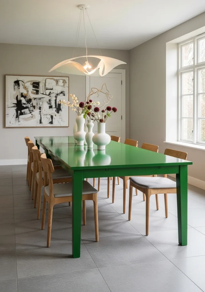 Green dining table as bold centerpiece in modern minimalist dining room