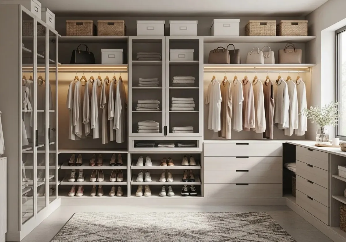 Beautifully organized modern closet with neutral tones, soft lighting, and stylish storage solutions