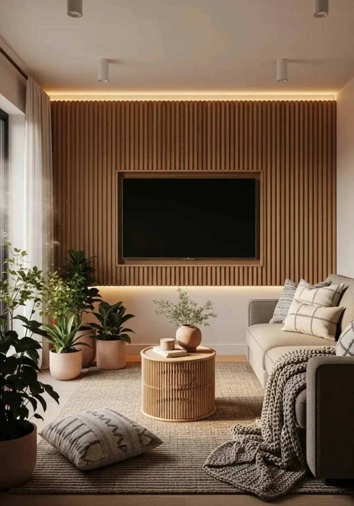 “Elegant living room with built-in shelves surrounding TV, symmetrical shelving, books, plants, decorative objects, neutral color palette, soft lighting, organized and stylish space, modern home interior”