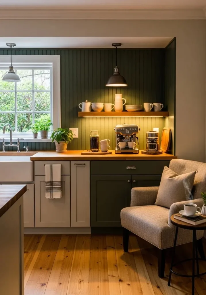 Beadboard backsplash in coffee nook creating a cozy kitchen corner