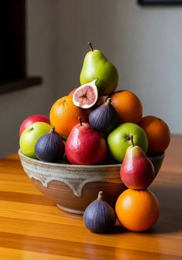 Decorative bowl with seasonal fruit used as table centerpiece