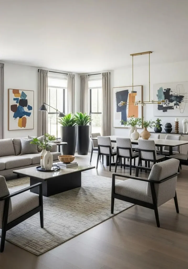 Matching furniture legs creating cohesive living dining room design