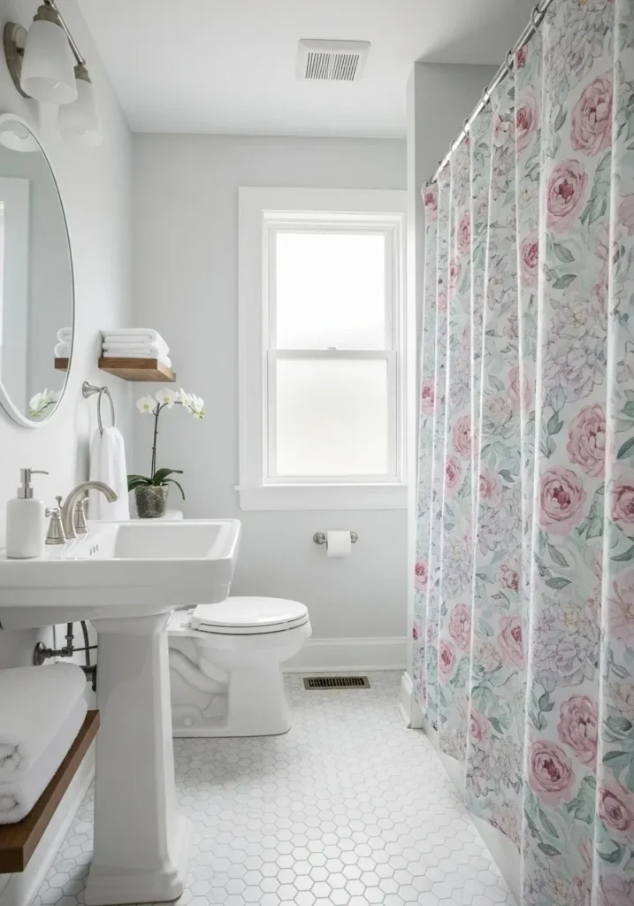 Floral bathroom curtain adding a soft and inviting touch