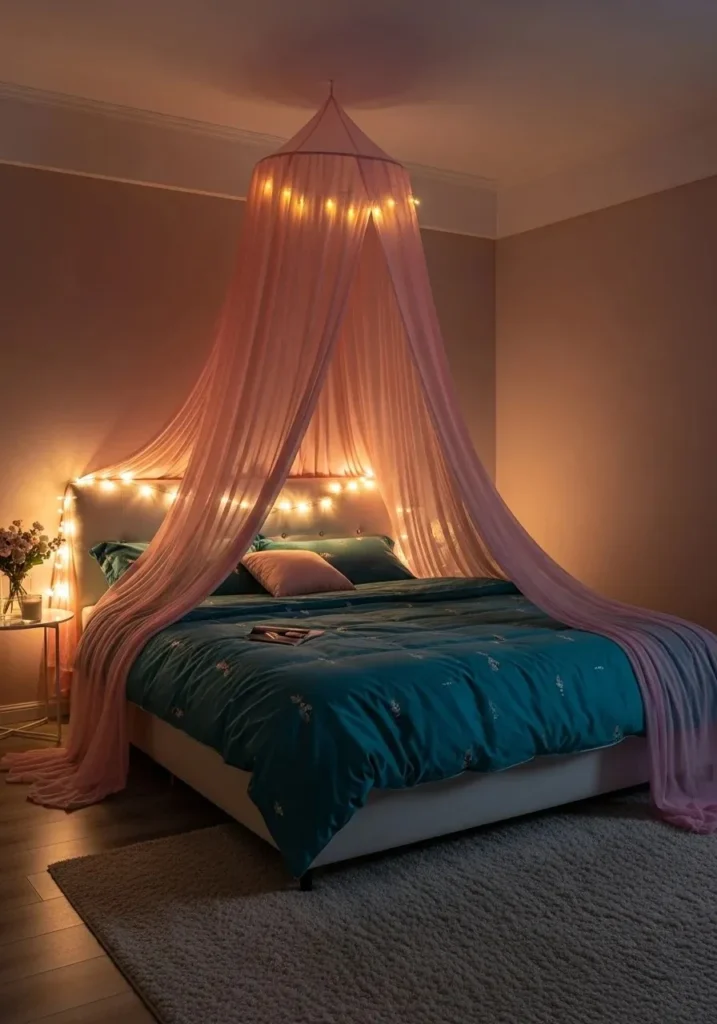 Pink canopy bed with teal bedding in dreamy bedroom