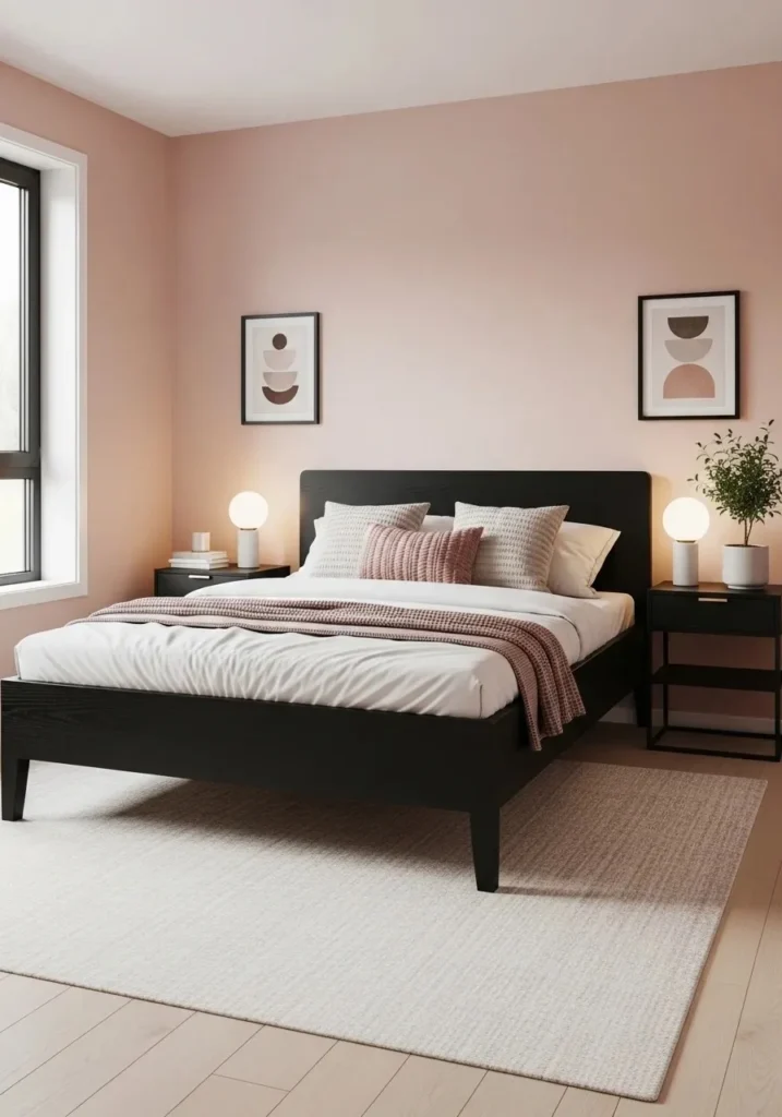 Blush pink walls with black furniture creating a modern and cozy bedroom