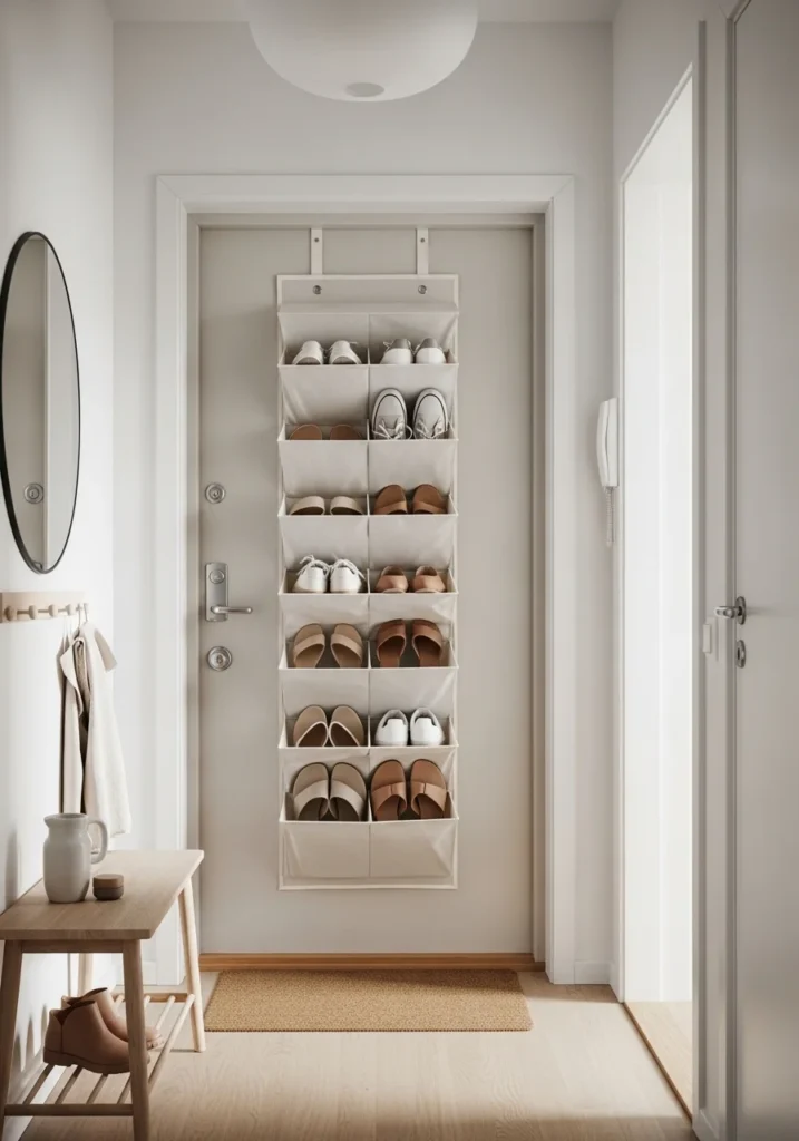 Over the door shoe organizer for small spaces with neutral fabric pockets holding multiple pairs neatly
