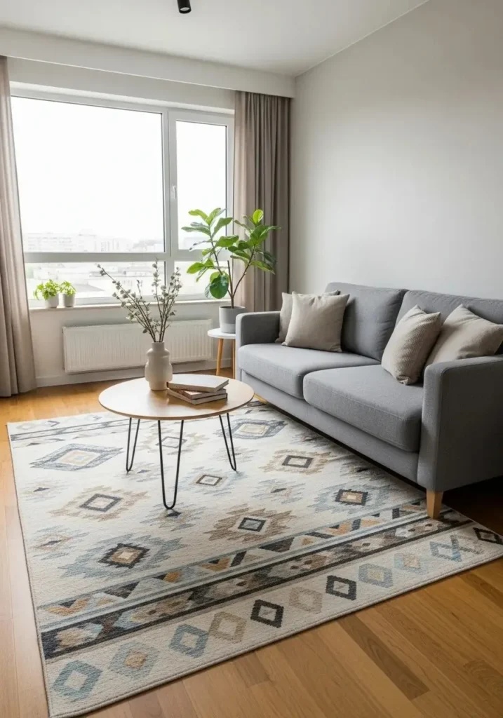 Patterned rug anchoring a small apartment living room for a warm and organized feel.