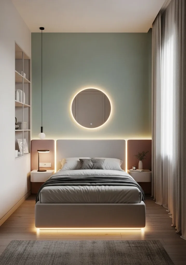 Small bedroom with bold accent wall design behind bed