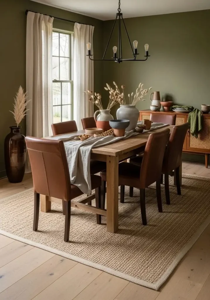 Olive green dining room with natural earthy decor