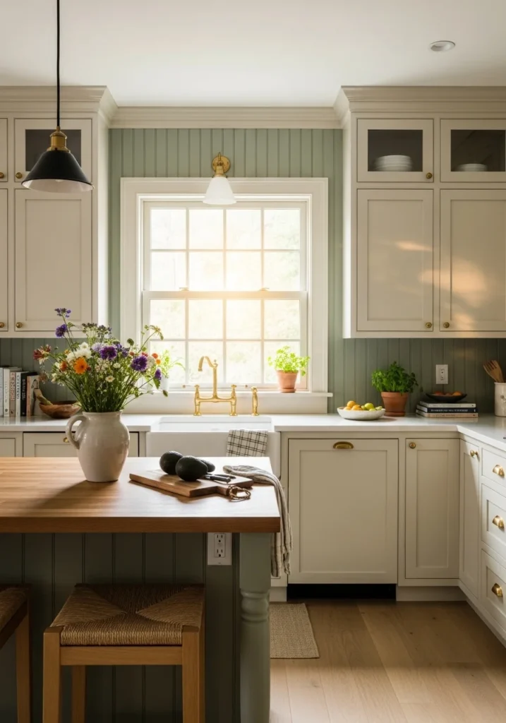 Sage green beadboard backsplash adding soft natural color to kitchen