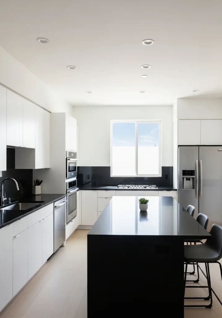 Black countertops with white walls creating open airy kitchen