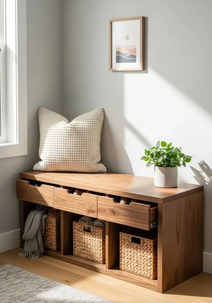 Slim entryway bench with hidden shoe storage and baskets in a small space