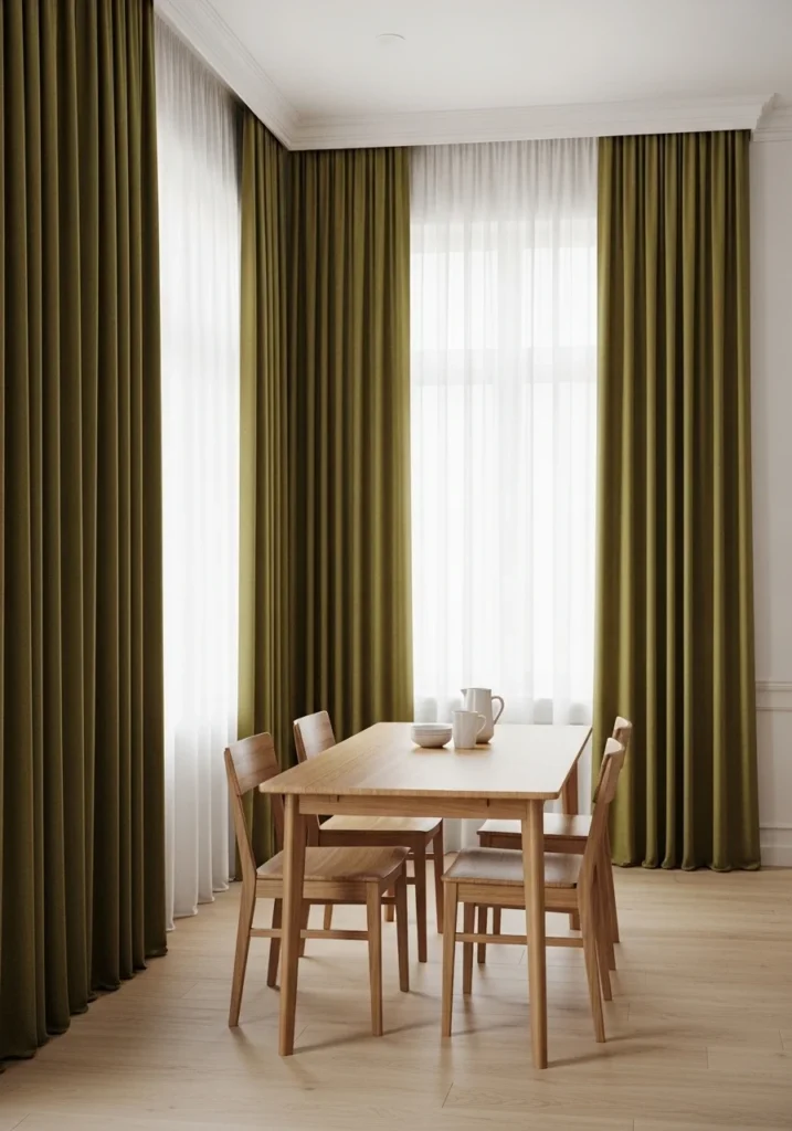 Dining room with olive green curtains adding soft and elegant natural color accent