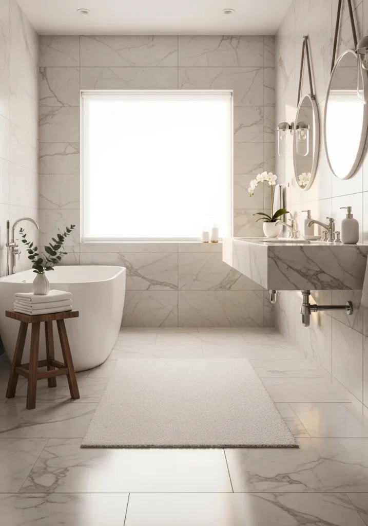 Plush white bathroom rug creating a clean spa-like atmosphere