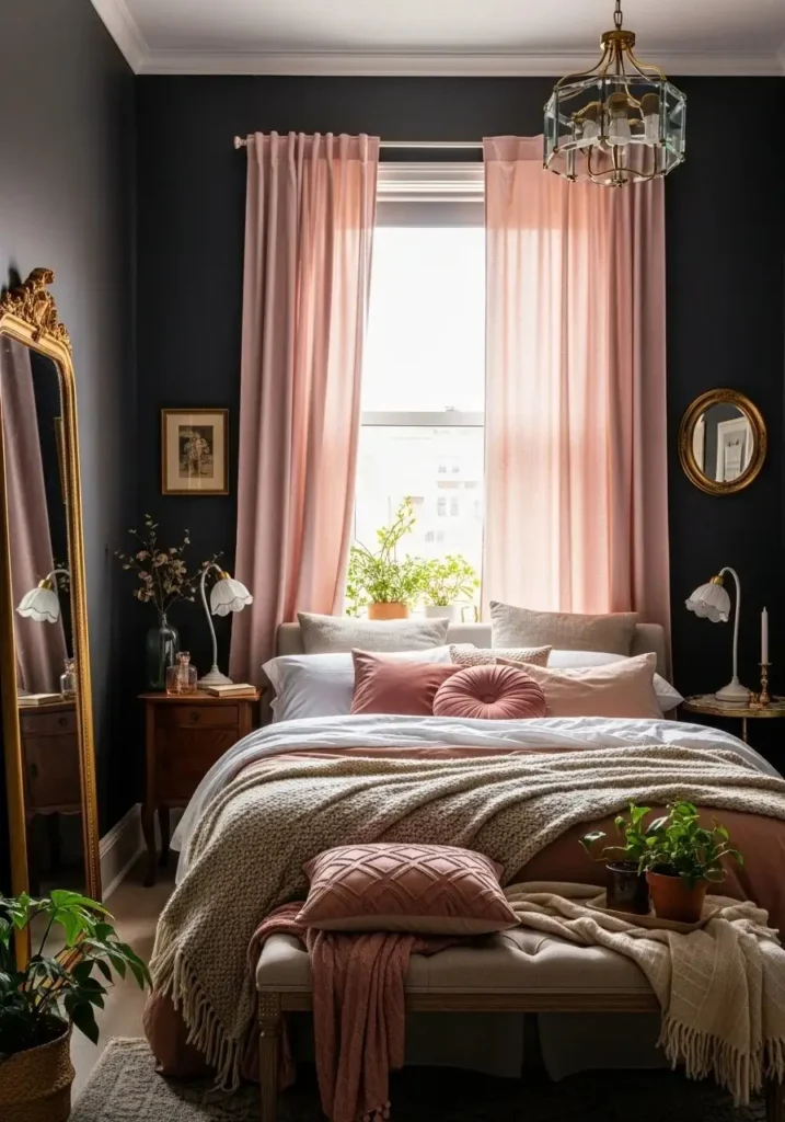 Pink curtains against dark walls creating a cozy and elegant bedroom
