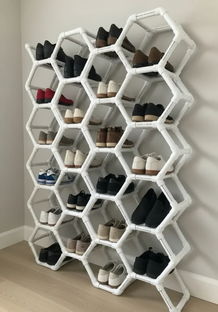 DIY PVC pipe shoe rack in grid design for modern small space storage