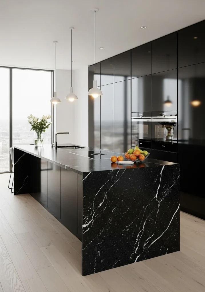Black waterfall island countertop in modern kitchen design