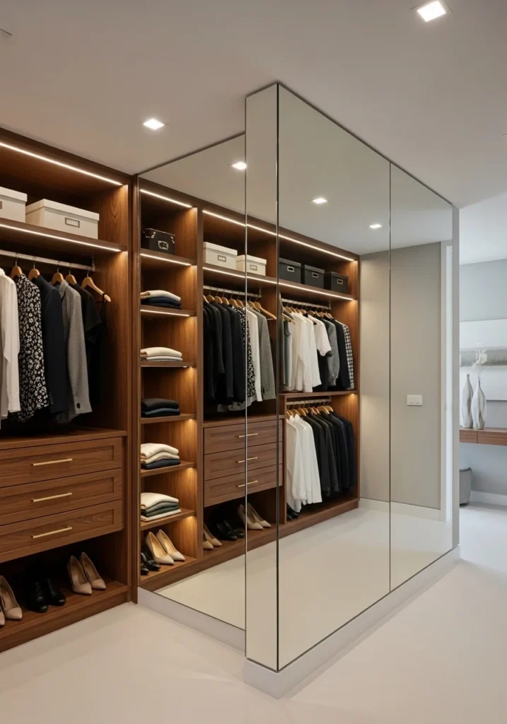 Mirrored wall panel in closet to expand visual space