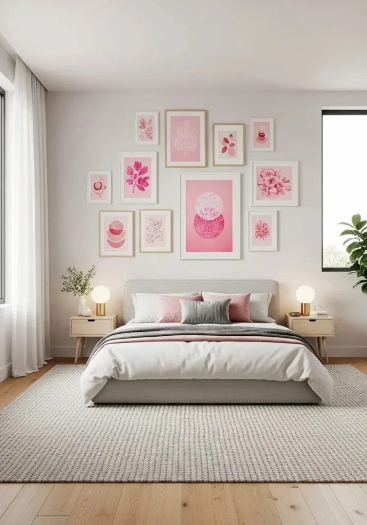 Pink gallery wall creating a personalized and stylish bedroom design