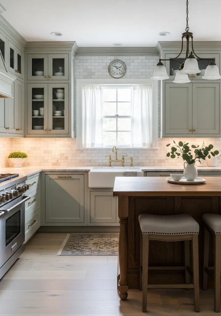 Pale green kitchen cabinets in soft classic style