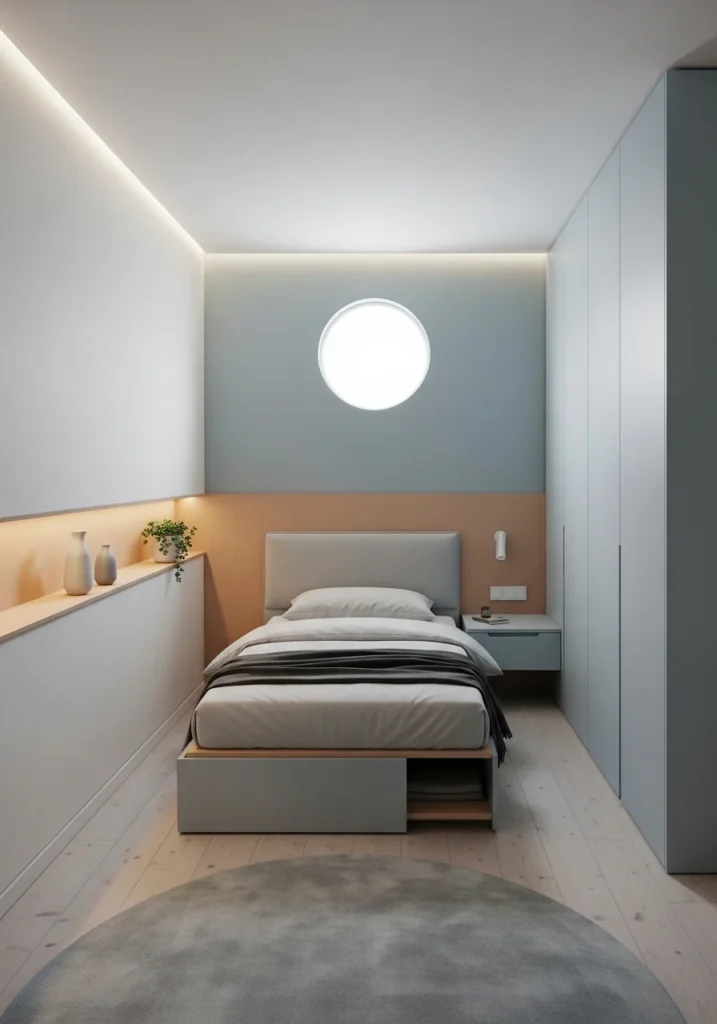 Minimalist small bedroom with hidden storage solutions