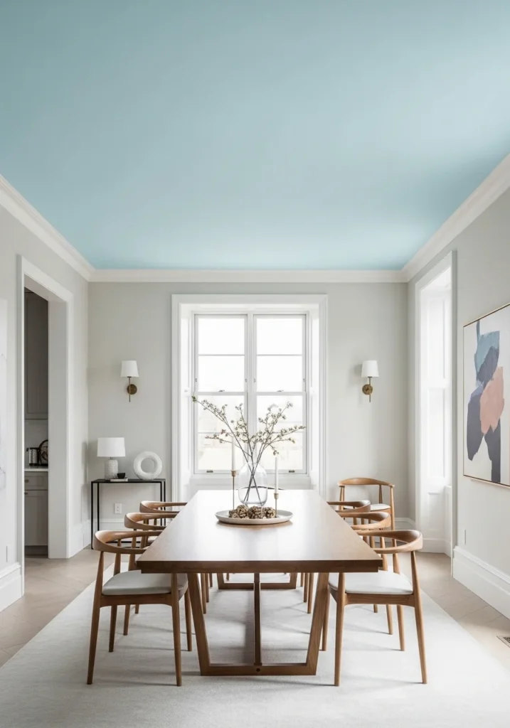 Dining room with painted ceiling adding a subtle yet unique pop of color