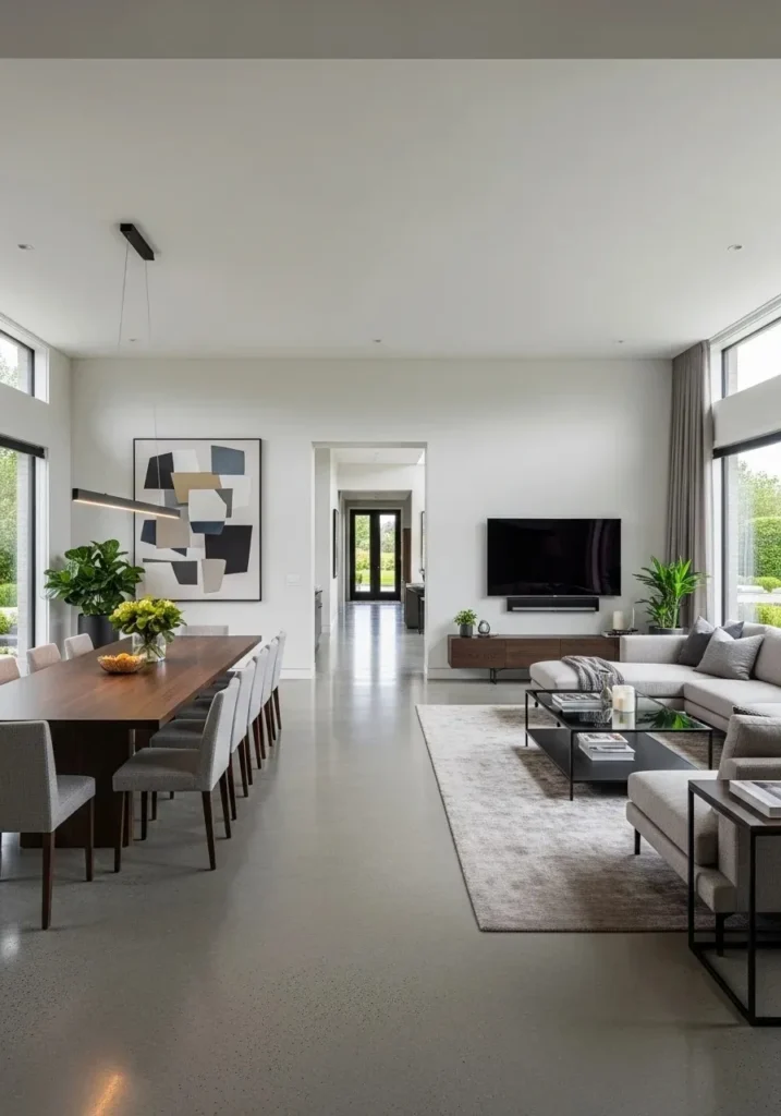 L-shaped living room layout with dining area in open space