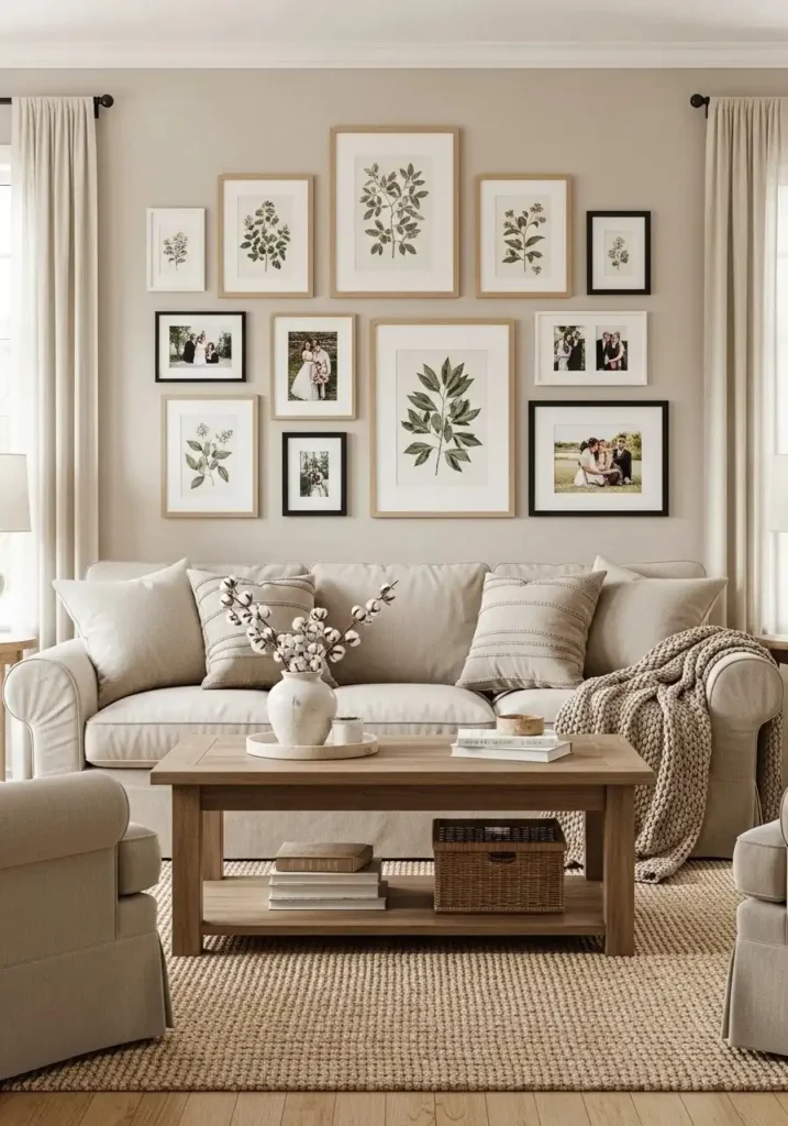 Neutral farmhouse gallery wall with soft framed artwork and cozy styling
