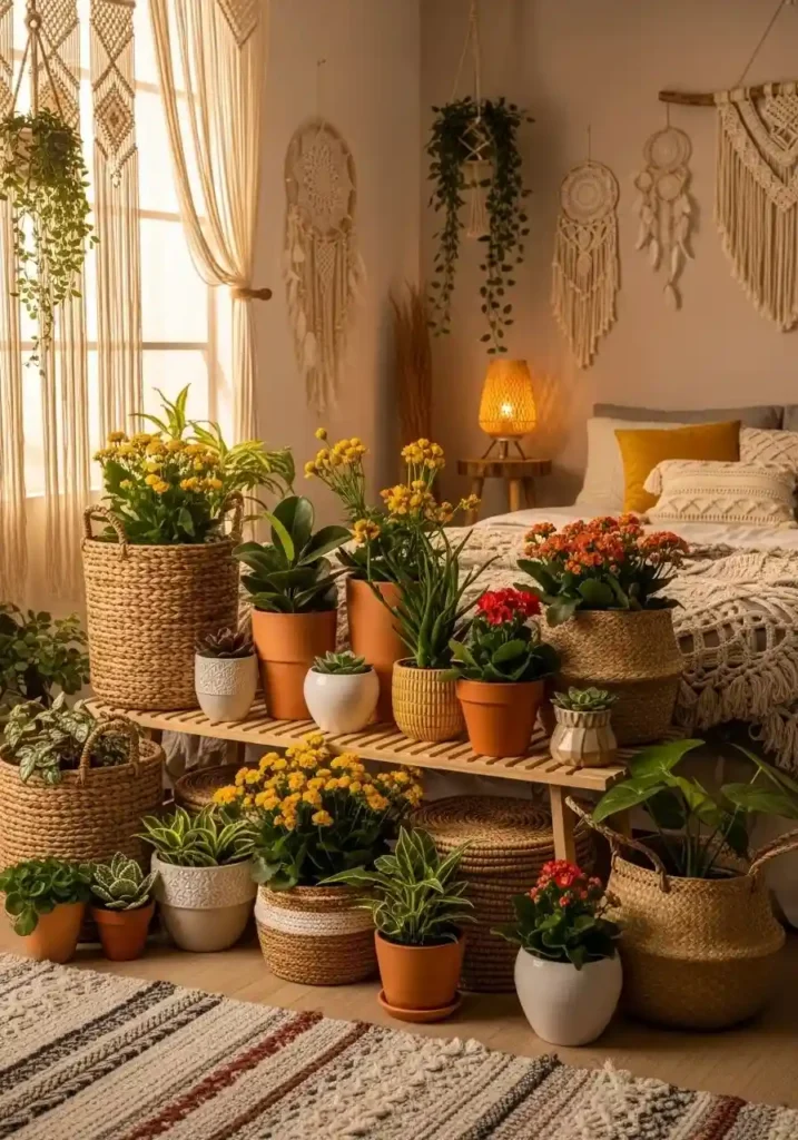 Boho mixed texture flower pots arranged in a full cozy setup