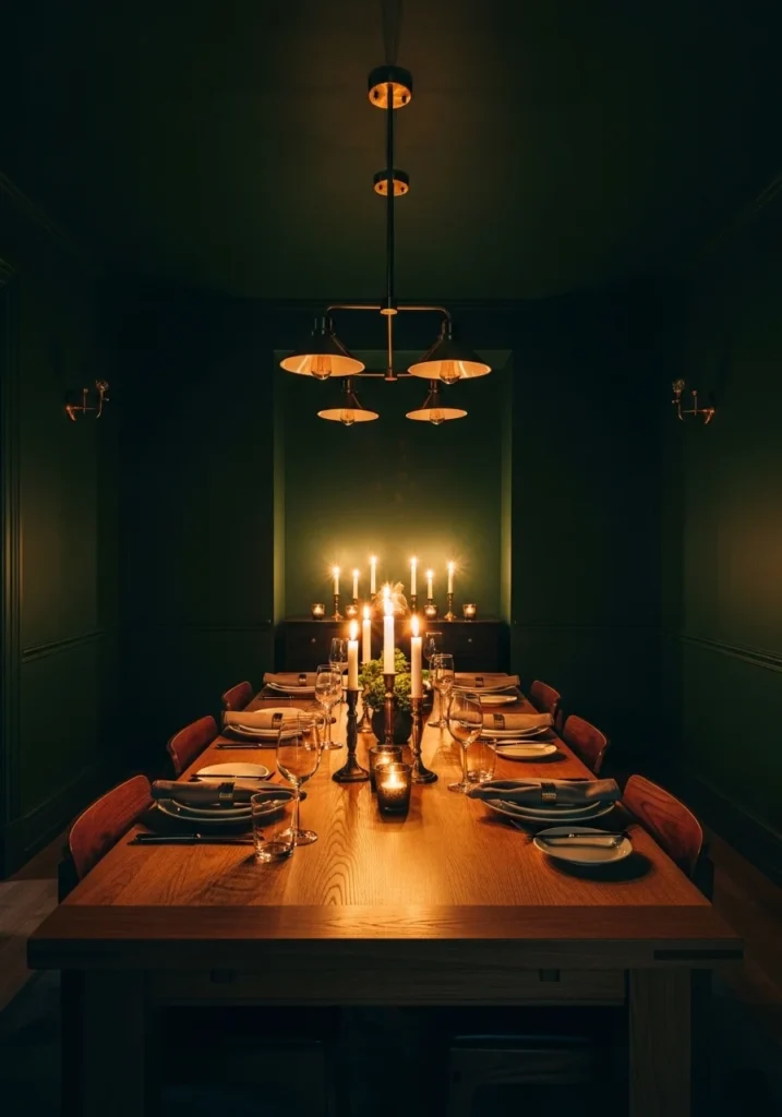 Forest green color drenched dining room with warm wood and brass accents