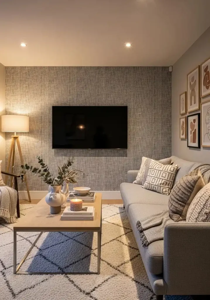 Textured wallpaper TV wall adding depth to modern living room