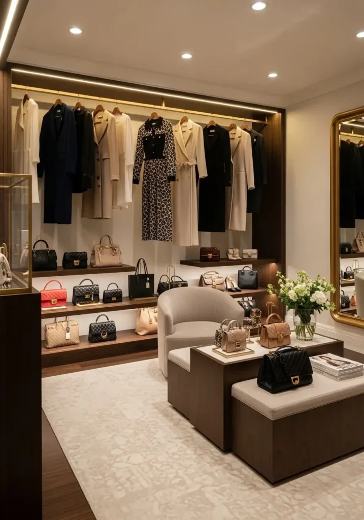 boutique style open closet with curated fashion display