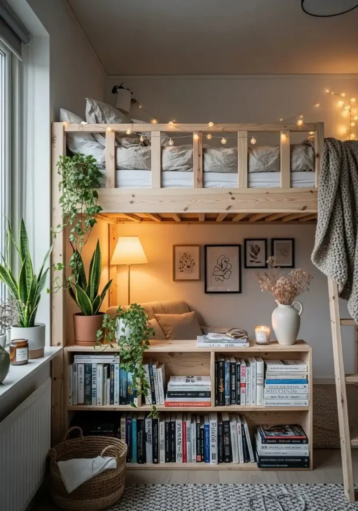 Loft bed with bookshelves creating a stylish and functional space