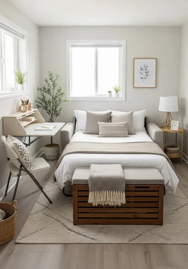 Guest room with multi-functional furniture including sofa bed and desk for versatility and comfort.