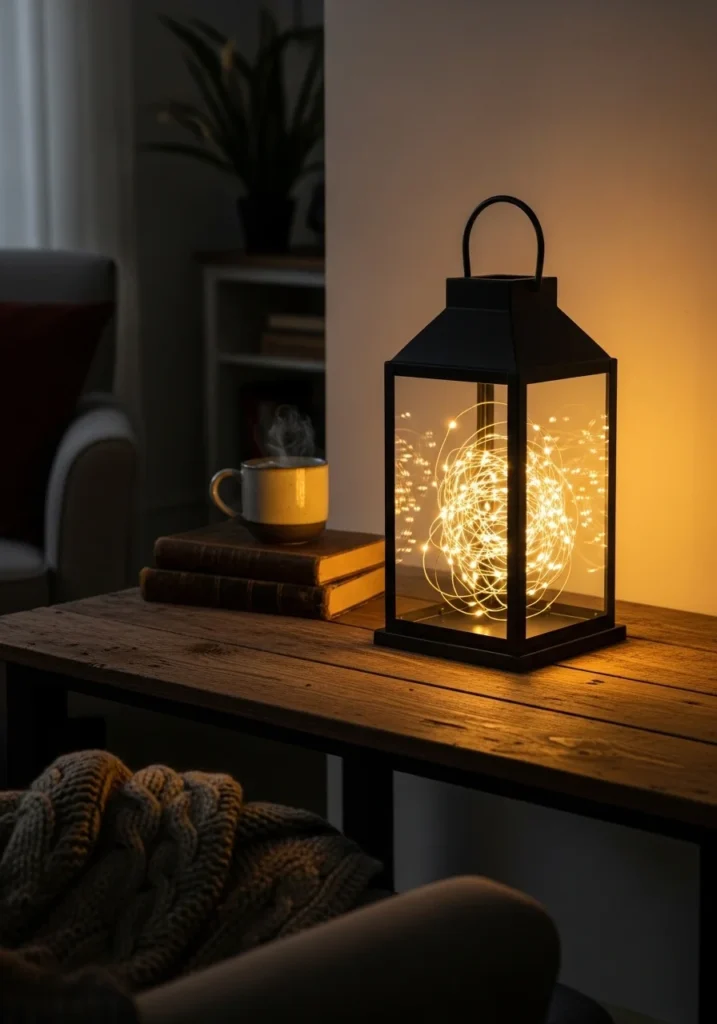 Lantern with fairy lights creating warm glowing table centerpiece