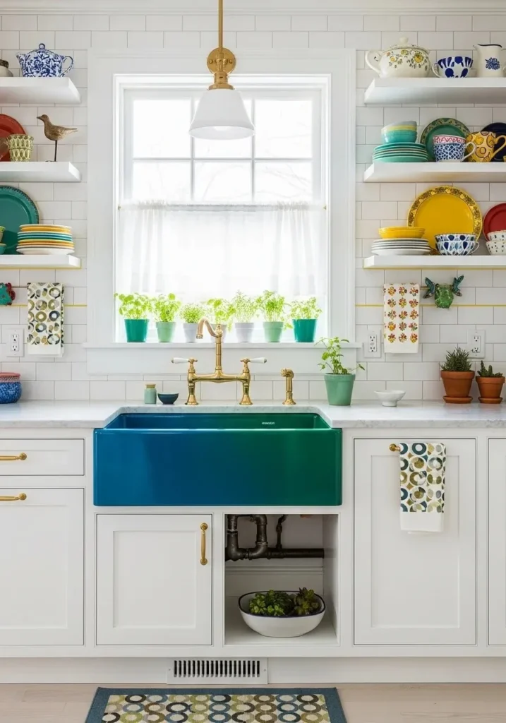 Colorful enamel kitchen sink adding personality to bright kitchen